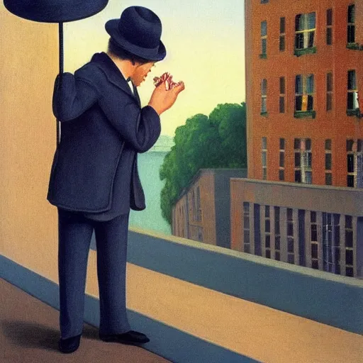 Prompt: a detective loses his hat in the wind by Raphael, Hopper, and Rene Magritte. detailed, romantic, enchanting, trending on artstation.