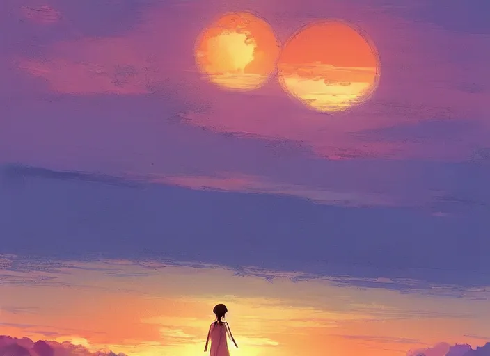 Prompt: a woman and man watching the sun set, anime scenery by Makoto Shinkai