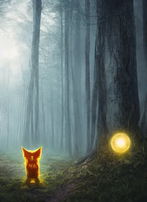 Prompt: a ominous furry creature with long twisted ears standing in a forest, big yellow glowing eyes, dark fantasy, michael kutsche, concept render, cinematic lighting