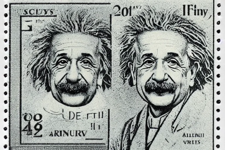 Image similar to engraved postage stamp of albert einstein with theory of relativity, detailed!!! color engraving in the style of a postage stamp, fine!!! lines