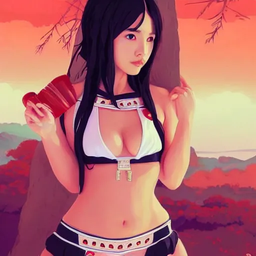 Image similar to a beautiful young japanese natalie portman alluring gravure model, stylized concept art, wearing elegant designer bomber jacket and one piece bikini, bomber jacket with mesoamerican patterns, mesoamerican native street fashion, princess mononoke, painted by ilya kuvshinov aesthetic, gorgeous, stunning, alluring, attractive, artstation, pinterest, digital art