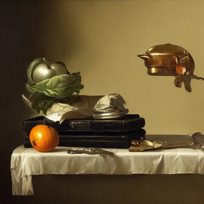 Prompt: still life painting of macintosh ii and greenery by pieter claesz, oil on canvas, strong lighting, highly detailed, hyper realism, golden hour, god rays, hd, 4 k