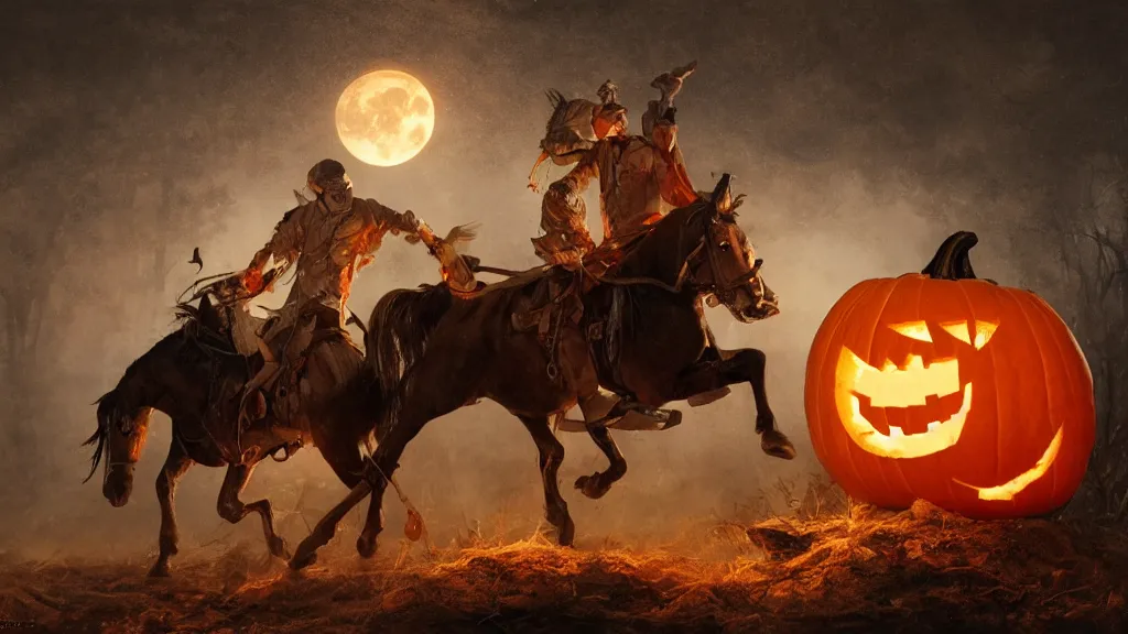 Image similar to a headless!!! colonial rider!!!! holding a ( jack - o - lantern ) on a rampant ( ( black horse ) ) with fiery eyes, background gnarled trees and large supermoon, in the styles of greg rutkowski, keith parkinson, and john quidor, intricate, detailed, volumetric lighting