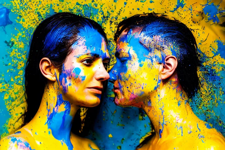 Prompt: a highly detailed cinematic headshot portrait photograph of a beautiful couple with a liquid paint headdress, with blue and yellow paint splash, liquid, ultra realistic, beautiful rim lighting, by richard avedon and annie leibovitz and arnold newman, photorealistic, hyperrealistic, octane, hasselblad camera, zeiss lens, sharp focus, paint splash