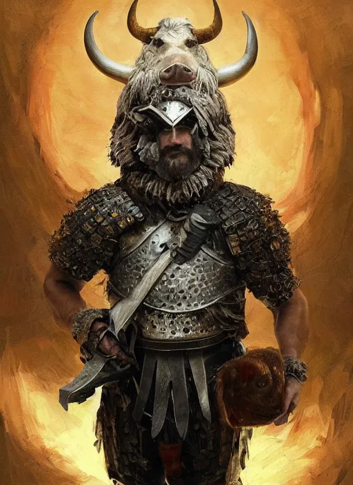 Image similar to joaquin phoenix with a armor made of animals, cow horns, pig nose, sheep wool, chicken feather armor, majestic, fierce, by anna podedworna, by miklos ligeti, by diego maricato, by taran fiddler, by antonino truisi, by chris reddie, by jinsung lim, trending on artstation