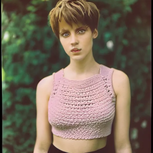 Prompt: A photo of a caucasian female model with short hair wearing a crocheted croptop, professional photography, Fujifilm Quicksnap 400 photography