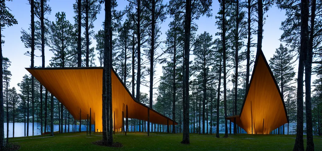 Image similar to faceted roof planes lift and descend creating shade and architectural expression, highly detailed, situated in the forest, next to a highly reflective lake, at dusk, vivid color