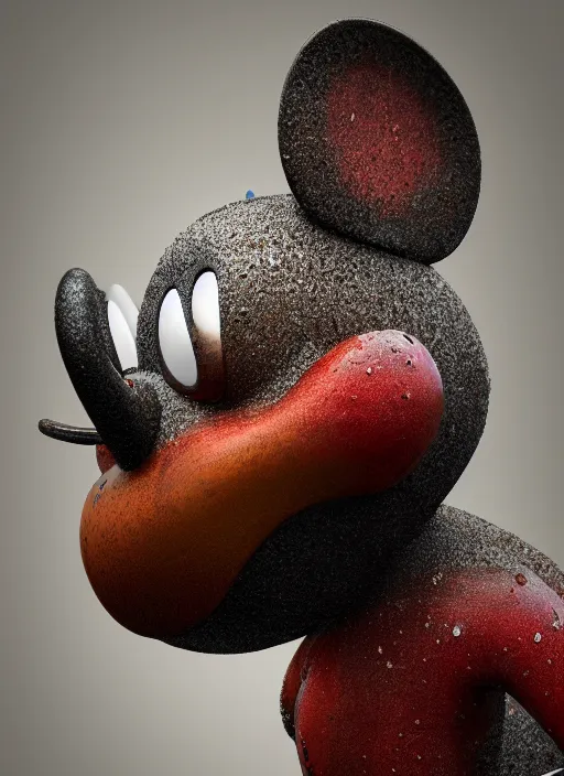 Image similar to mickey mouse head, fractal, broken, wet, mycelium, radiant alien, rococo, baroque, automotive, bio-mechanical, porcelain, iridescent sub surface scattering, octane render