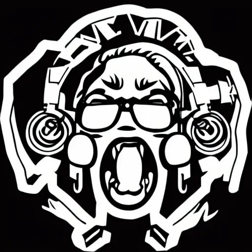 Image similar to svg vector sticker of absolutely insane-mad-scientist-villain, rocking out, wearing headphones, huge speakers, dancing, rave, DJ, spinning records, digital art, amazing composition, rule-of-thirds, award-winning, trending on artstation, featured on deviantart