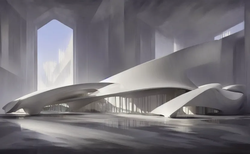 Prompt: painting of a white architecture by zaha hadid and peter zumthor painted by greg ruthkowski and craig mullins, cinematic and atmospheric lighting, archviz, archdaily