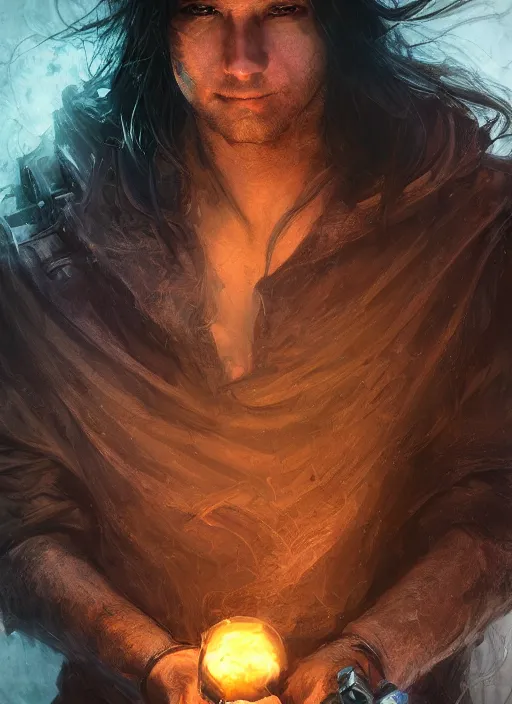 Image similar to portrait of a man with long black hair in brown rags holding a glowing device, fantasy, d & d, heartstone, digital painting, volumetric light, intricate, sharp, focus, bloom, illustration, highly detailed, concept art, matte, ruan jia, randy vargas, greg rutkowski