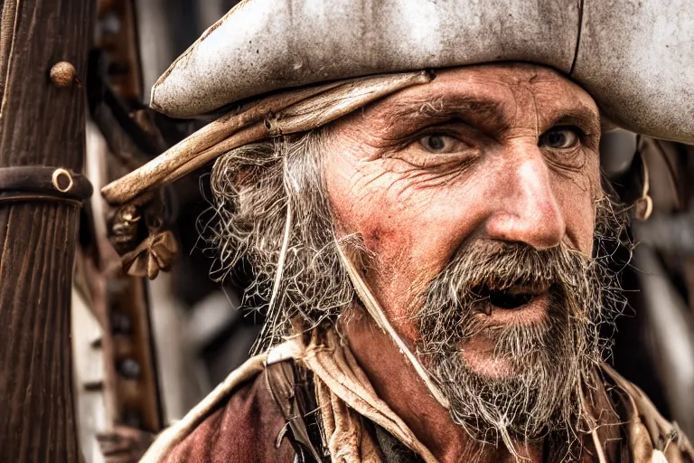 Image similar to closeup old pirate on an old pirate ship, by emmanuel lubezki