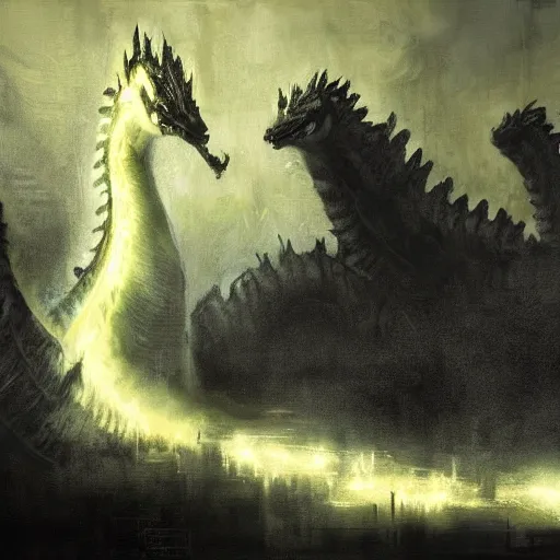 Image similar to king ghidorah, 3 heads, electric storm, painted by jeremy mann