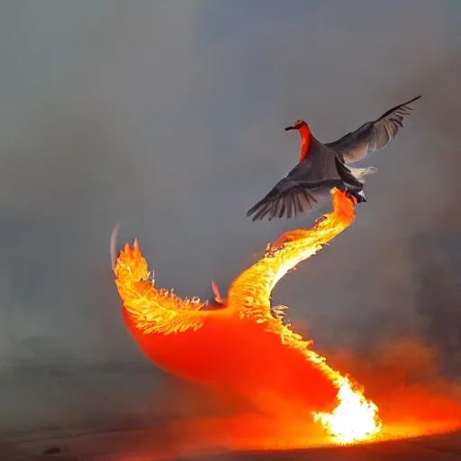 Prompt: fire breathing geese, geese spitting fire, fire from the mouth, flame thrower