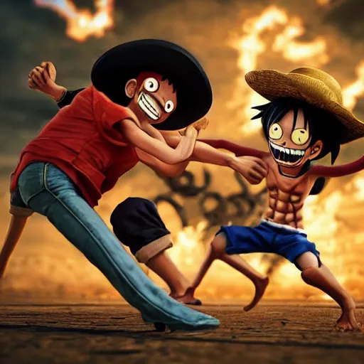 Image similar to monkey d luffy fighting an alien in a steampunk city, night, realism, 4 k, octane render, award winning photograph, epic cinematic shot, perfectly defined features, ambient occlusion