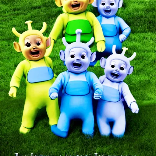 Image similar to photorealistic photo of creepy teletubbies