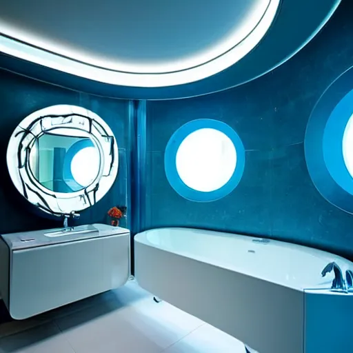 Image similar to big futuristic blue bathroom inside a spaceship startrek interior style. with a swimming pool