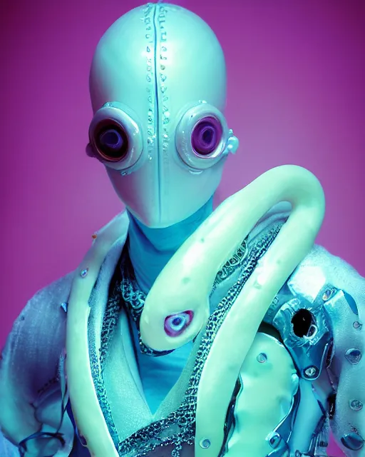 Image similar to natural light, soft focus portrait of a cyberpunk anthropomorphic squid with soft synthetic pink skin, blue bioluminescent plastics, smooth shiny metal, elaborate ornate head piece, piercings, skin textures, by annie leibovitz, paul lehr