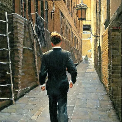 Image similar to a beautiful painting of a man strolling down an alley by Steve Hanks