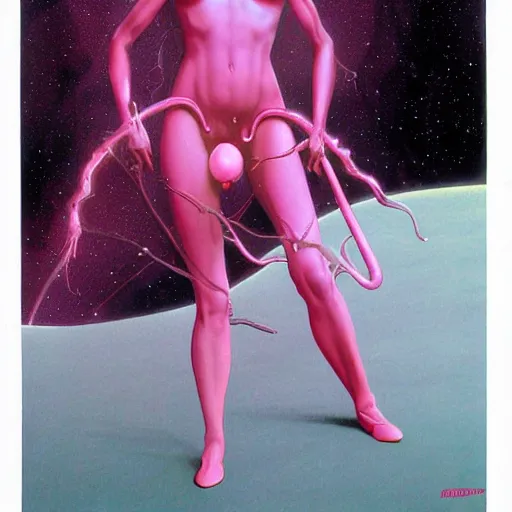 Prompt: pink scifi woman, by wayne barlowe