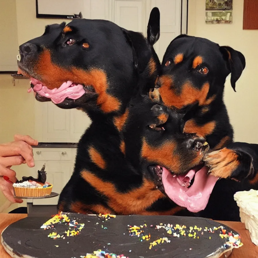 Image similar to “realistic Rottweiler trying to eat birthday cake”