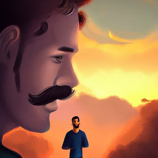 Prompt: young man with a mustache, beautiful sunset, high definition, concept art, digital painting, art by Tran and Ross