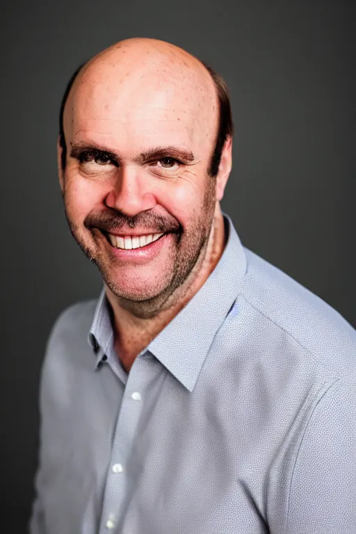 Image similar to full body color photograph of a balding, middle aged, brown haired, hairy, blue eyed, round faced, short white man who has thick legs, dressed in a white shirt, grey pants and black dress shoes, smiling at the camera with perfect, straight white teeth, full body portrait, head to toe