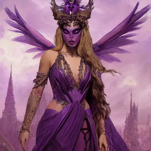 Image similar to an extremely detailed matte painting of a demon queen in a resplendant and beautiful purple dress as a masquerade ball, epic fantasy, viewed in profile from far away, sharp focus, detailed face, art by greg rutkowski and alphonse mucha, volumetric lighting, 4 k resolution, artstation