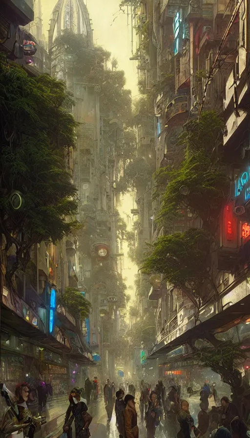 Image similar to hyper realistic cyberpunk city, busy crowded market street overtaken by lush plants, gnarly trees by tom bagshaw, mucha, gaston bussiere, craig mullins, j. c. leyendecker 8 k