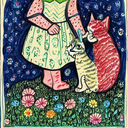 Image similar to illustration of a girl playing with a kitten, inspired by louis wain and glen keane