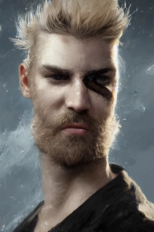 Image similar to blonde wild hair man with a little beard, one black eye - patch, plain white shirt, close - up portrait, powerfull, intricate, elegant, volumetric lighting, scenery, digital painting, highly detailed, artstation, sharp focus, illustration, concept art, ruan jia, steve mccurry