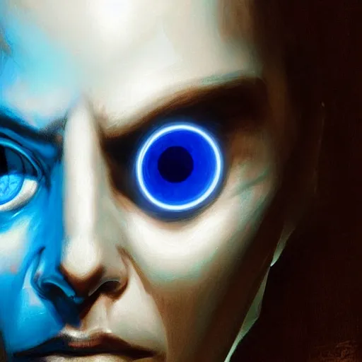 Image similar to robot with glowing blue eye as a realistic scifi cyberpunk knight, closeup portrait art by donato giancola and greg rutkowski, realistic face, digital art, trending on artstation, symmetry!!!