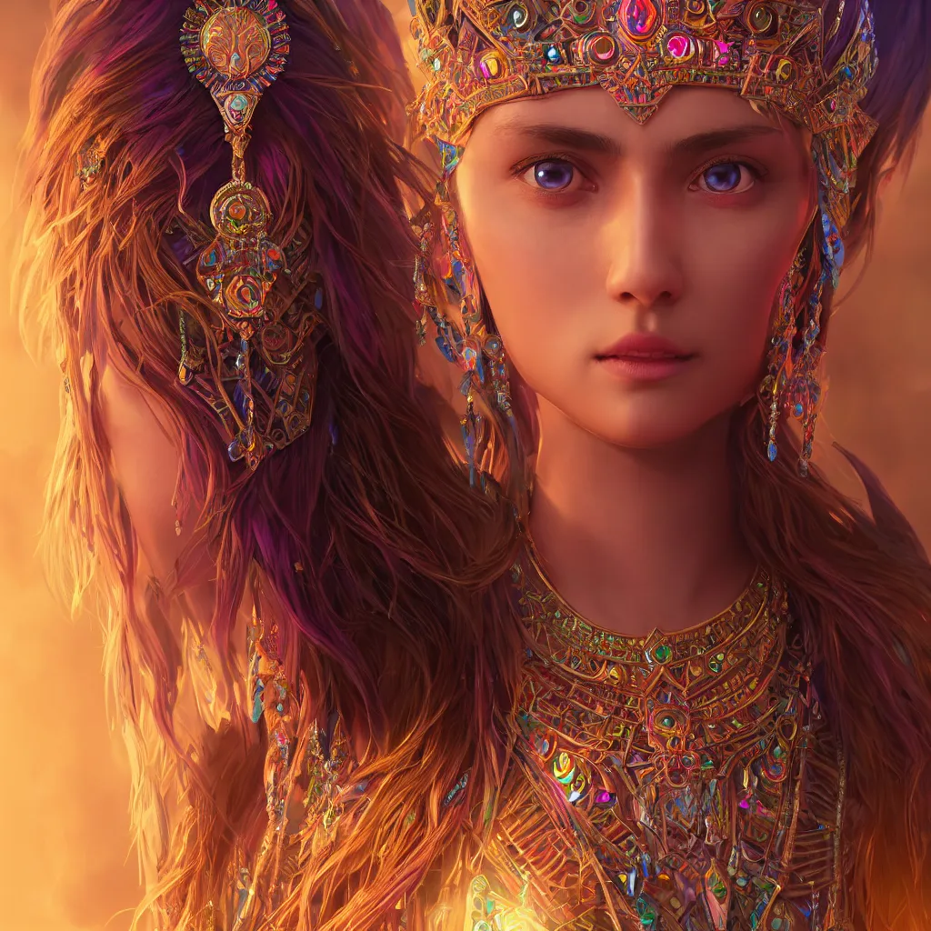 Image similar to portrait highly detailed beautiful symmetrical face high priestess intricate elegant detailed crystal jewellery with tribal feathers, lush colourful volumetric lighting, anime digital painting, concept art, smooth, sharp focus 3 d, divine realm of gods, realistic cinematic style, octane render, photographic, unreal engine 8 k