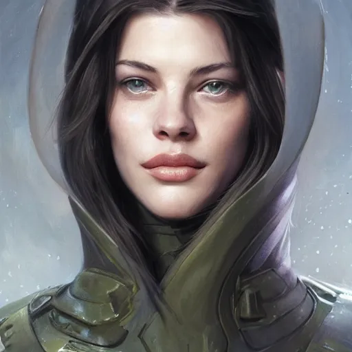 Image similar to a professional painting of a young Liv Tyler, clothes in military armor, olive skin, long dark hair, beautiful bone structure, symmetrical facial features, intricate, elegant, digital painting, concept art, smooth, sharp focus, illustration, from StarCraft by Ruan Jia and Mandy Jurgens and Artgerm and William-Adolphe Bouguerea”