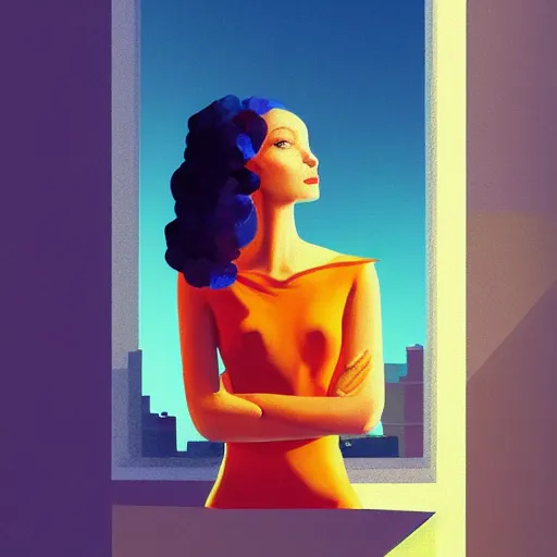 Prompt: giant flower as head, woman next to modern windows, luxury apartment, surreal photography, dramatic light, impressionist painting, digital painting, artstation, james gilleard