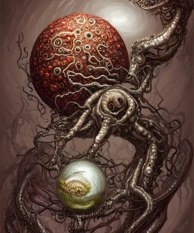 Image similar to hziulquoigmnzhah, head dangling underneath body!!!!, spherical body, elongated arms, short legs, lovecraftian horror!, surrealism, fantasy, intricate, elegant, highly detailed, digital painting, artstation, concept art, matte, sharp focus, illustration, art by keith thompson and christopher lane