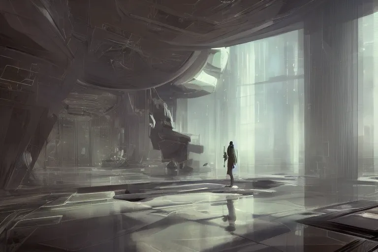 Image similar to futuristic luxury apartment interior, reflective, intricate, elegant, highly detailed, john park, craig mullins, sparth, ruan jia, jeffrey catherine jones