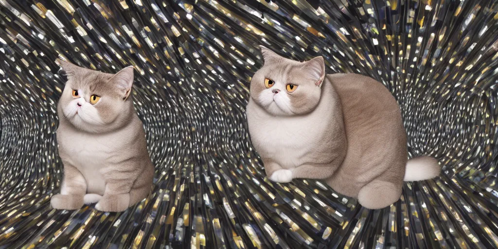 Prompt: an exotic shorthair cat enjoying an infinity room in the style of twin peaks. Mirror, 8k, photorealistic, confused