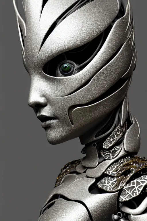 Image similar to monochrome close - up profile face, black background, beautiful young porcelain bio - mechanical vegetal - dragon - cyborg - female, white metallic armour, silver gold details, magnolia leaves and stems, roots, mandelbot fractal, 1 5 0 mm, beautiful natural soft rim light, elegant, hyper real, ultra detailed, octane render, 1 6 k