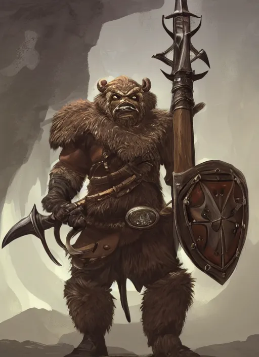 Image similar to strong young man, photorealistic bugbear ranger holding aflaming sword, black beard, dungeons and dragons, pathfinder, roleplaying game art, hunters gear, jeweled ornate leather and steel armour, concept art, character design on white background, by studio ghibli, makoto shinkai, kim jung giu, poster art, game art