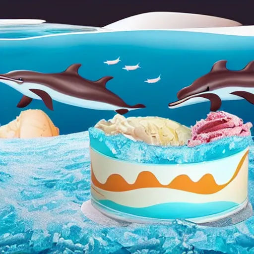 Prompt: a vast ocean made out of ice cream. Dolphins are jumping in and out of the water