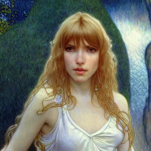 Prompt: A young woman with blonde long hair and bangs in shorts and white shirt drawn by Donato Giancola and Julie Bell, Luis Royo, alphonse mucha, background by James Jean and gustav klimt and John Marshall Gamble, 4k, volumetric lighting, french nouveau, trending on artstation, octane render, hyperrealistic