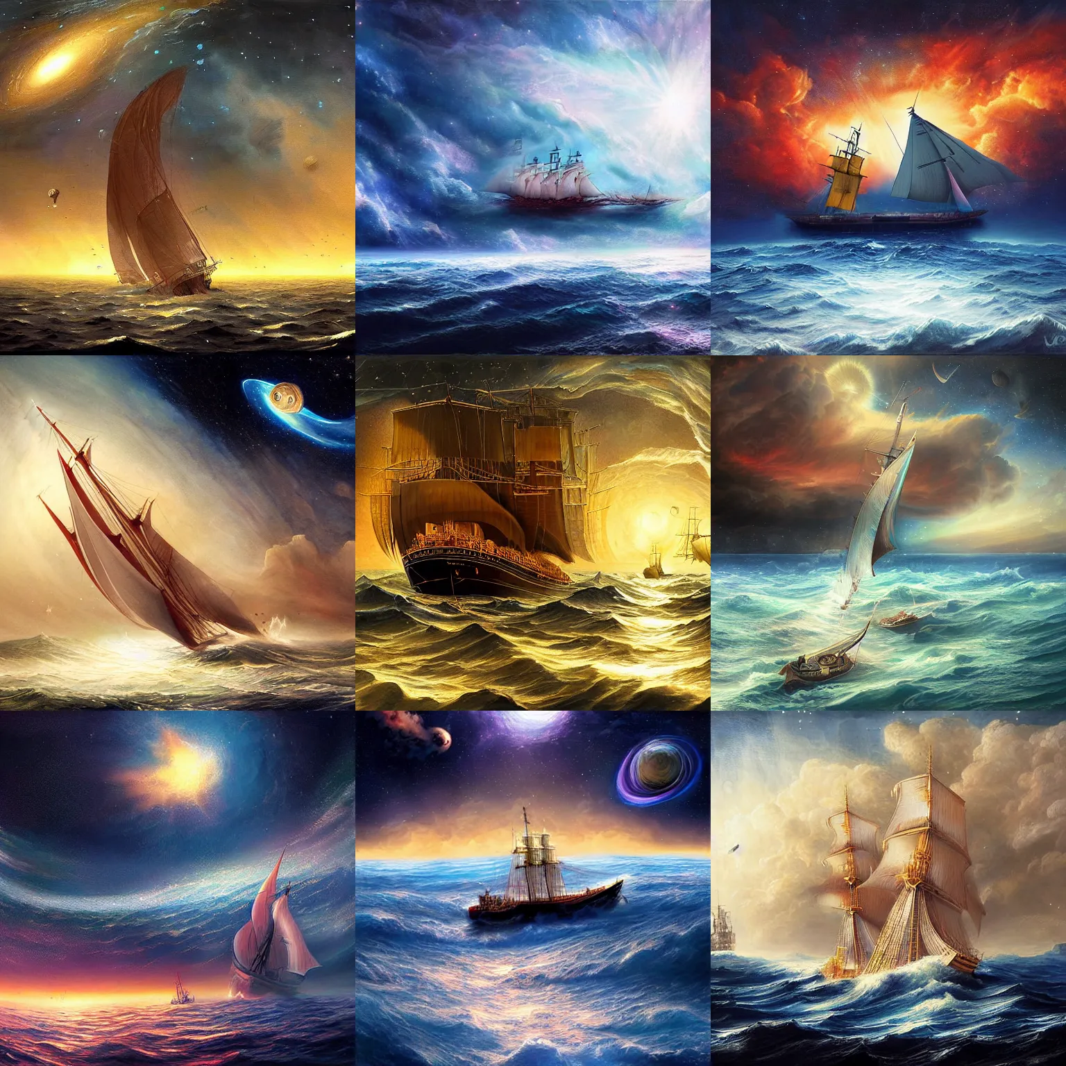 Prompt: a ship sailing in a cosmic ocean, realistic painting, classical painting, high definition, digital art, matte painting, very detailed, realistic