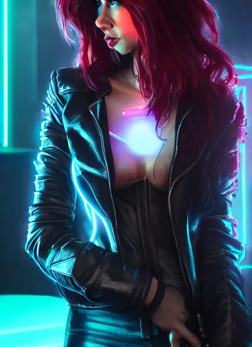 Image similar to pretty young woman with shoulder length shiny shimmering dark red hair and wearing a stuffed leather jacket with the glow of neon lights illuminating her, path traced, highly detailed, high quality, digital painting, by cd projekt red, cyberpunk,