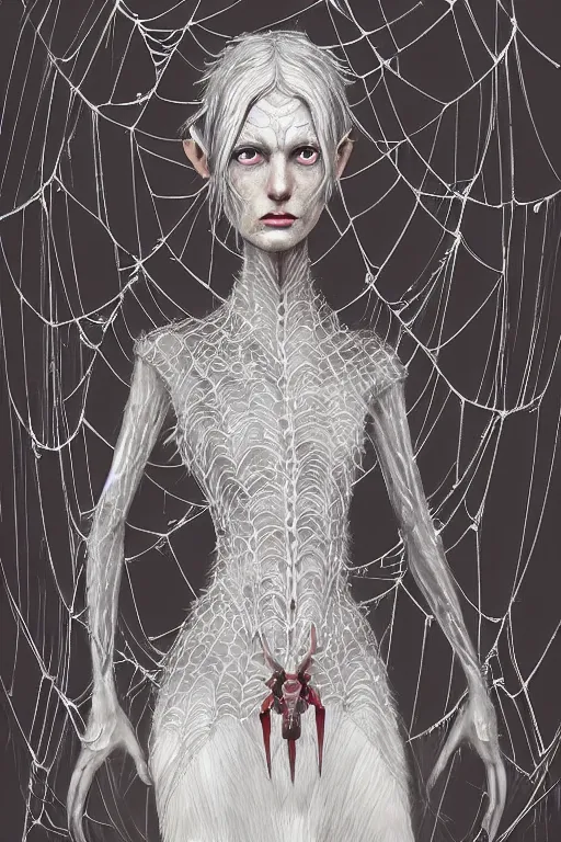 Image similar to full-body portrait of beautiful female grey elf (beautiful, dark grey skin, red eyes, white hair, symmetrical face) wearing a low-cut dress made of spider webs, dark fantasy, D&D, digital art, highly detailed, award winning, concept art, intricate, smooth, sharp focus, art by Greg Rutkowski, art by Ruth Asawa, art by Tim Burton, art by Ted Nasmith, art by H.R. Giger