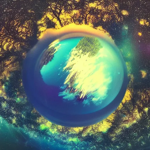 Image similar to micro planet, forest and oceans, 360° fisheye, trending on artstation