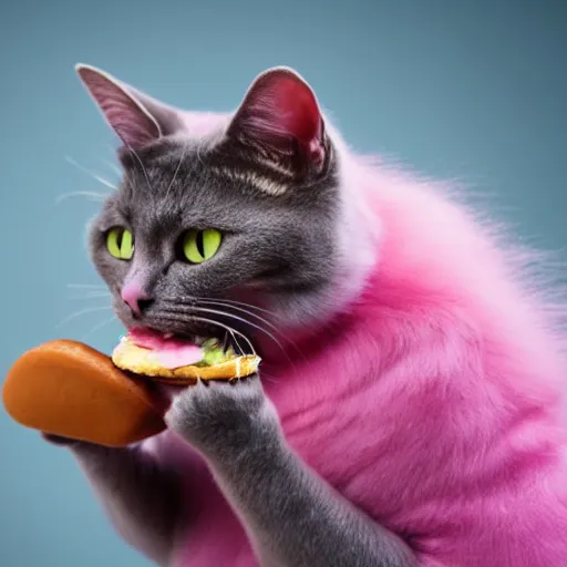 Image similar to photo of a pink cat with pink fur, eating a hamburger, biting a hamburger-C 12