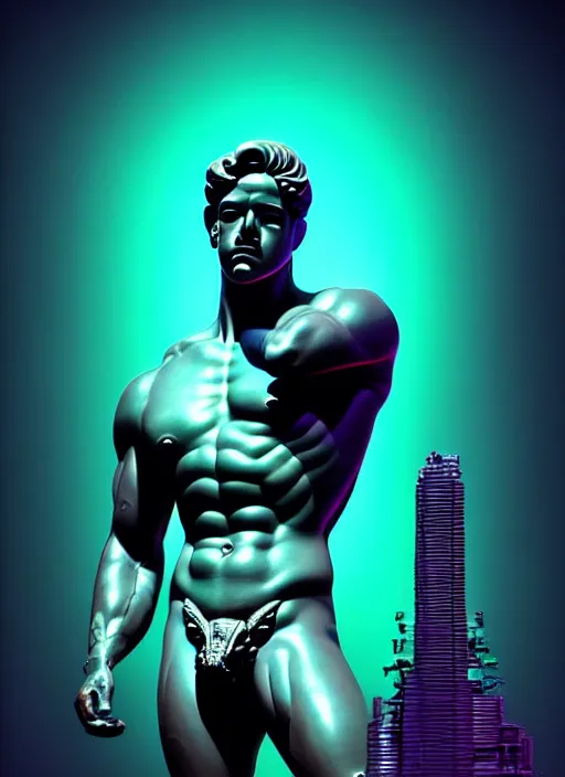 Image similar to statue of hercules, beeple, android jones, liam wong, ( ( ( ( ( dan mumford ) ) ) ) ), vaporwave, retrowave, black background, neon wiring, black, glitch, strong contrast, cuts, pinterest, trending on artstation