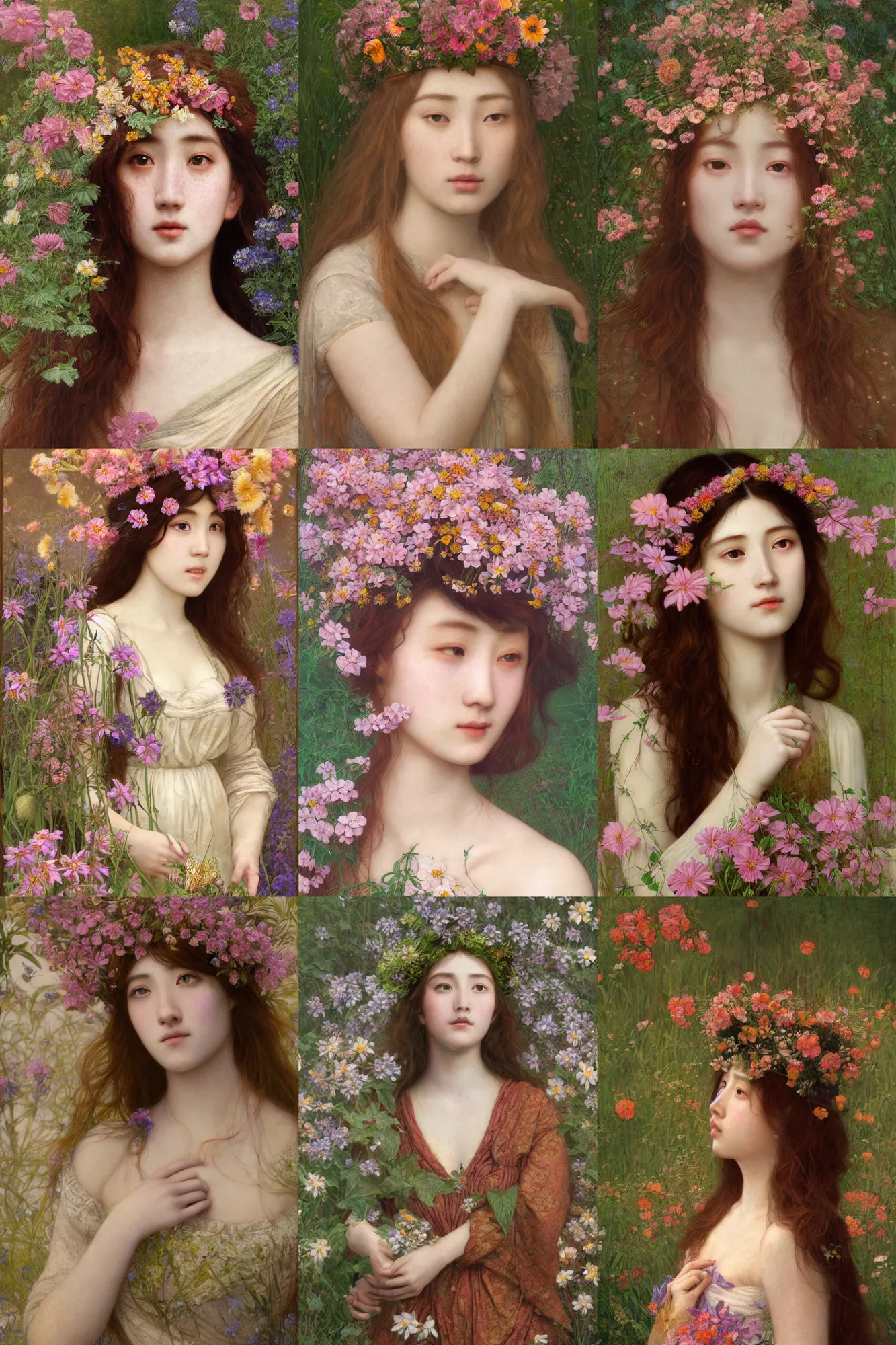 Image similar to Pre-raphaelite painting of a beautiful asian girl with freckles, wearing a flower headpiece, surrounded by big flowers, porcelain skin, cinematic lighting, photo realistic, highly detailed, maya, digital painting, artstation, concept art, sharp focus, illustration, by Mucha