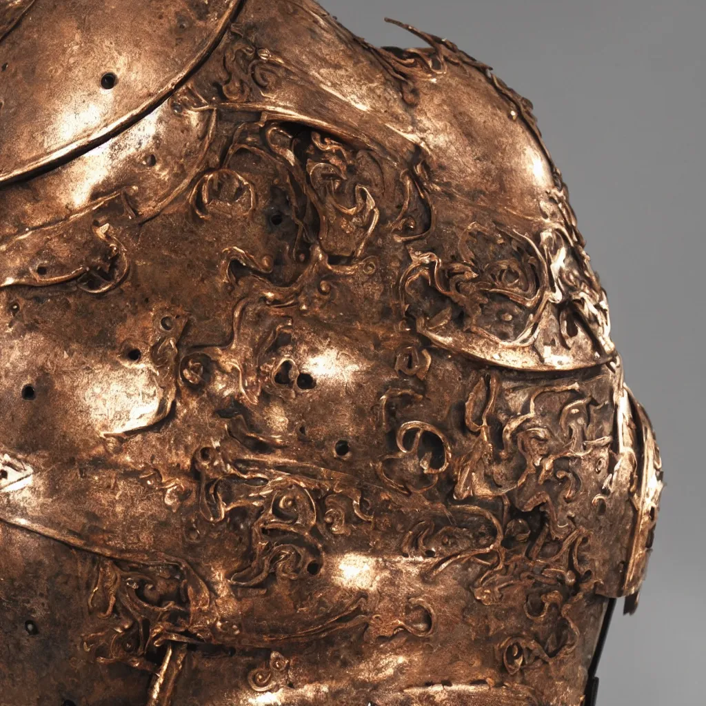 Image similar to a real knight's helmet that is made of copper and gold, beautiful sculpted details